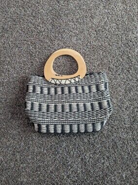 Chicos Paper Woven Handbag Tote Purse Black And White